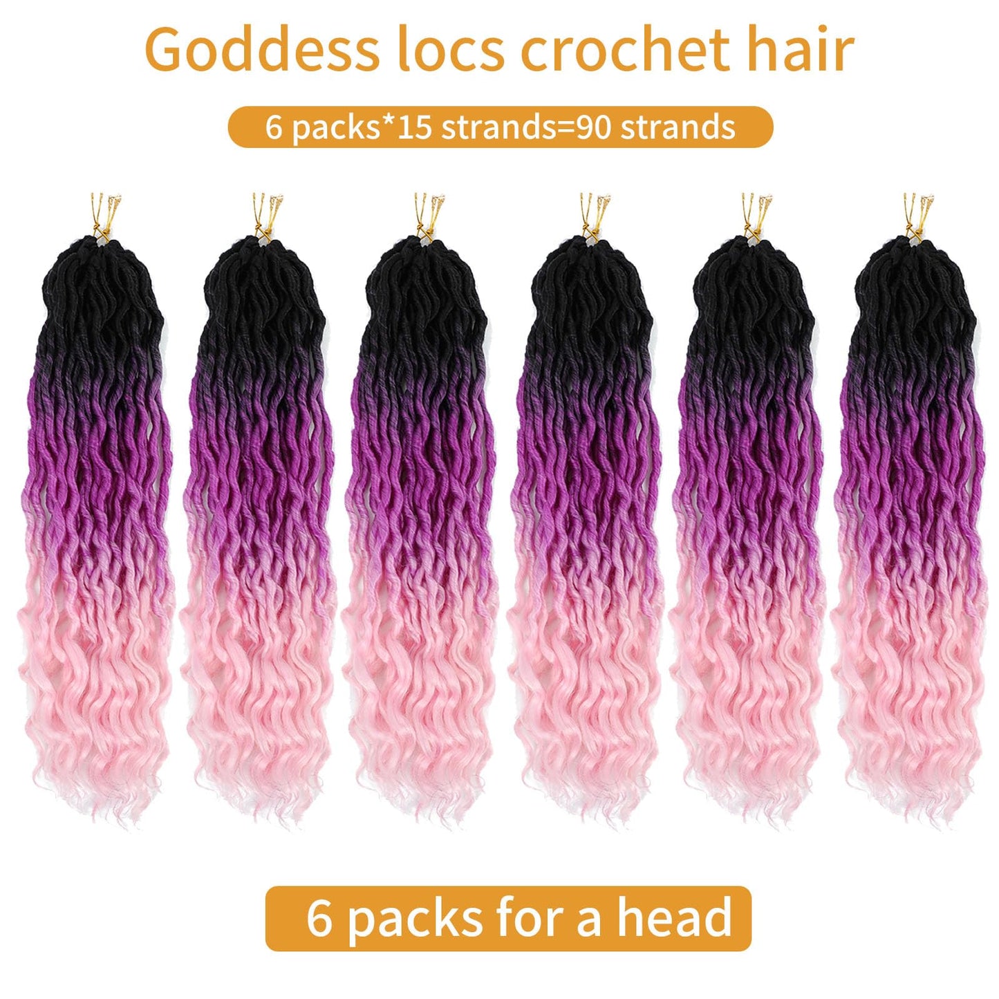 Goddess Locs Crochet Hair 18 Inch 6 Packs Ombre Faux Locs Crochet Hair Pre Looped Crochet Faux Locs with Curly ends Soft Loc Hair Extensions for Women(18 Inch,6 Packs,1B/Purple/Pink)