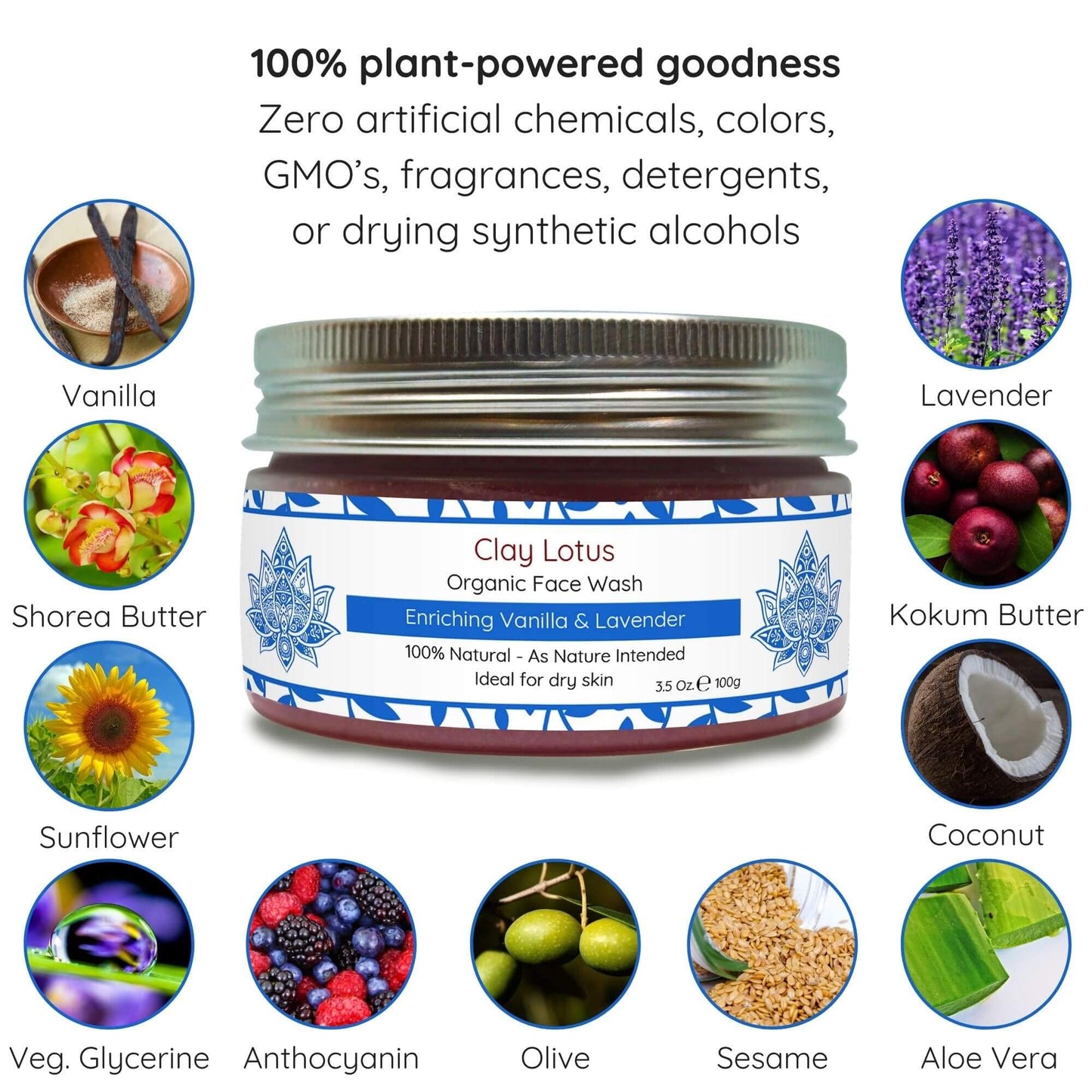 Clay Lotus Organic Face Wash - Hydrating Cleanser for Dry, Mature Skin. Anti-aging, Natural Formula for Reduced Wrinkles and Restored Radiance- Vegan and Moisturizing- For Women & Men