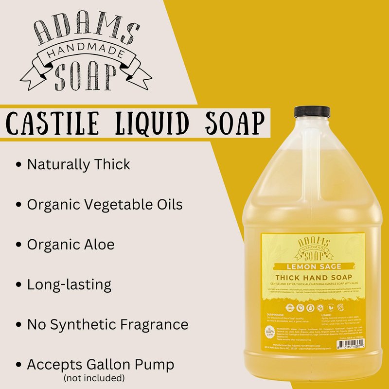 Adams Handmade Soap Thick Organic Castile Liquid Hand Soap 1 Gallon Refill - Lemon Sage (Pack of 4)