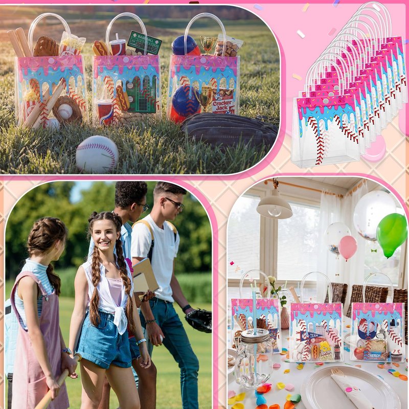 Kolldenn 24 Pcs Baseball Ice Cream Drip Party Favors Clear PVC Gift Bags Baseball Birthday Ice Cream Drip Goodie Snack Treat Bags with Handles for Sport Team Party Supply 6.3 x 5.9 x 3 Inches