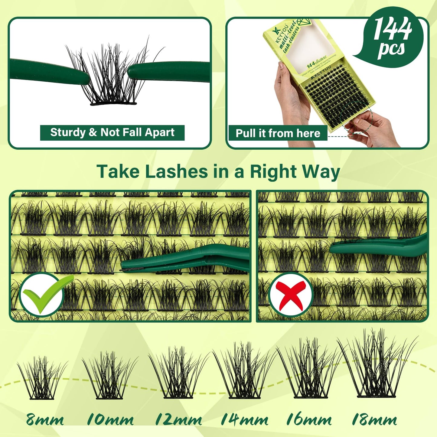 Lash Clusters 3D Effect Eyelash Clusters KEYYOU 144pcs D Curl 8-18MIX Wispy Lashes Fluffy Cluster Lashes Natural Soft DIY Lash Extension(Radiance-D-MIX)