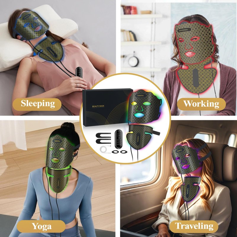CadeVita Red Light Therapy Mask for Face and Neck, 7 Colors LED Face Mask with 173 LED Beads, 1200mAh Rechargeable Led Face Mask with Timer Function for Skin Care Device at Home and Travel, Black