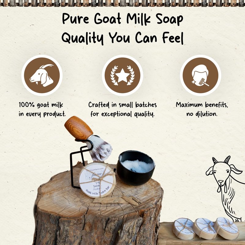 HushHush Farms Shaving Soap for Men | Handmade with Goat Milk, Olive Oil & Cocoa Butter | Plastic-Free & Moisturizing Shave Soaps | Pack of 3 (Patchouli, Tea Tree, Lavender Mint)