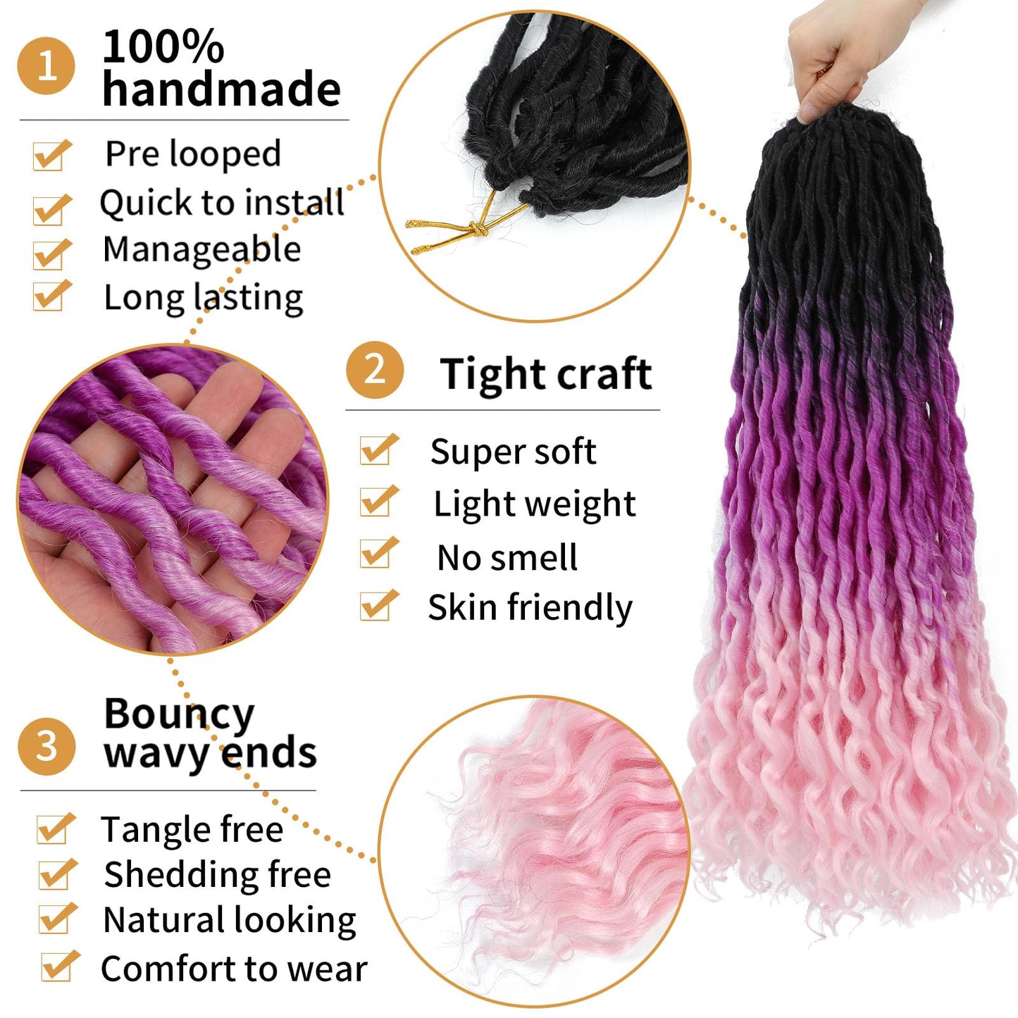 Goddess Locs Crochet Hair 18 Inch 6 Packs Ombre Faux Locs Crochet Hair Pre Looped Crochet Faux Locs with Curly ends Soft Loc Hair Extensions for Women(18 Inch,6 Packs,1B/Purple/Pink)