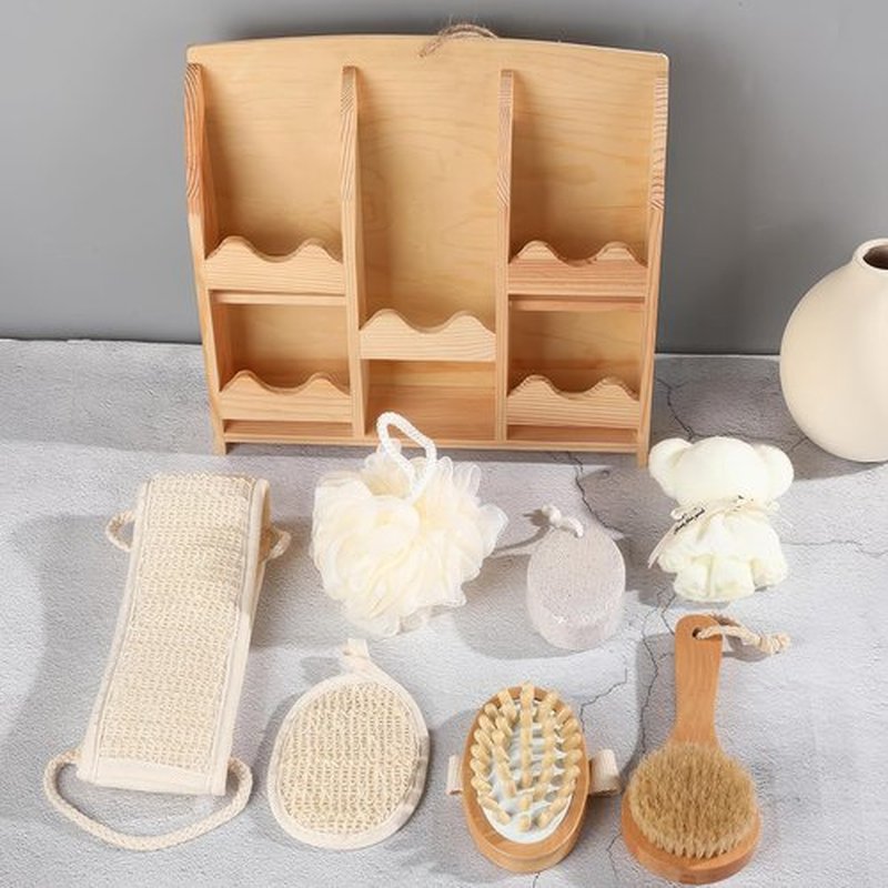 7Pcs Bath Exfoliating Brush Set in Round Wooden Box Hair Brush, Wood Roller Massager Scrubber Stone Shower Brush Nylon Glove with Storage Basin, Shower Spa Basket Gift Set for Women Men (Wood)