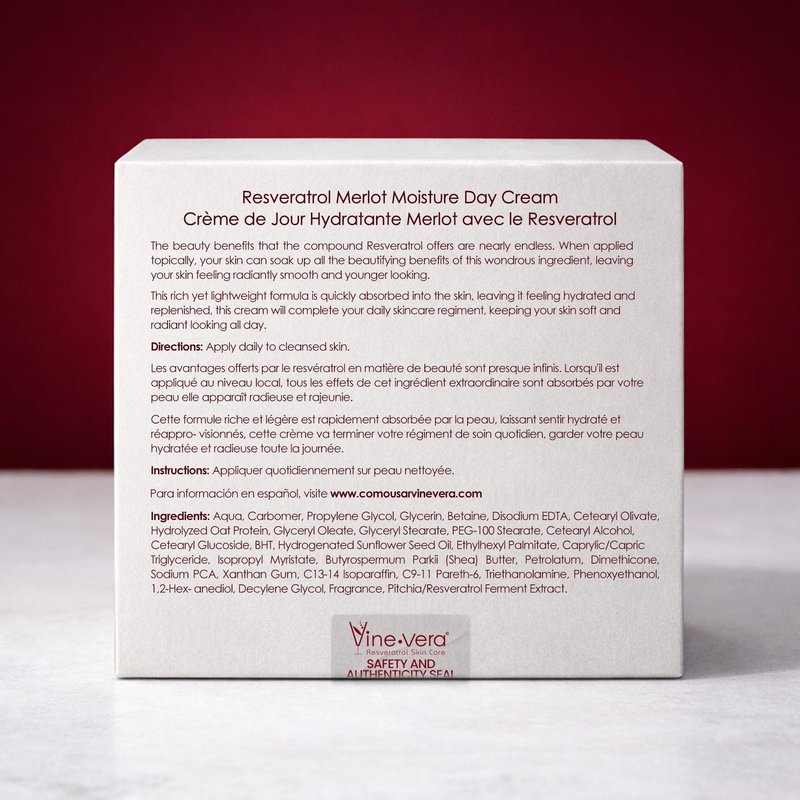 Vine Vera Merlot Day Cream - Hydrating, Fast-Absorbing, Non-Greasy - Resveratrol Face Moisturizer - Facial Cream For Dry, Normal, Mature Skin - With Shea Butter and Oat Protein - 1.83 Oz