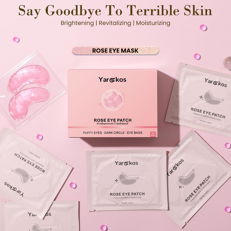Yargkos 32 Pairs Pink Under Eye Patches, Rose Cooling Hydrating Eye Mask for Dark Circles Puffiness Puffy Eyes, Anti Wrinkle Collagen Undereye Pad, 32 Sets Women Travel Beauty Skincare Face Gel