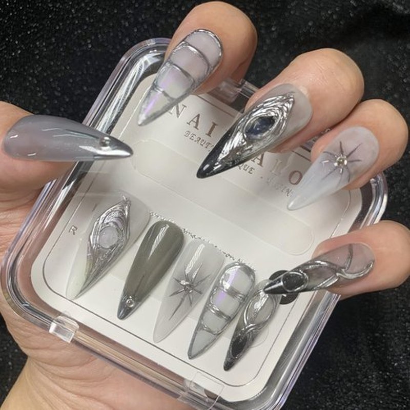 CAMILCY Handmade Nails Press on Almond Nail Pointed Green Gold Crystal Glitter Design Hand painted Reusable Gel UV Finished Pre shaped False Nails for Women 10pcs 3D Handmade Nails (A021, L)