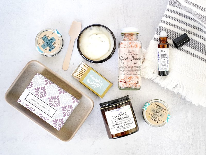 The Little Flower Soap Co - Spa Day gift Box Relaxation Kit - Handmade Candle Soap Salt Scrub and Lotion