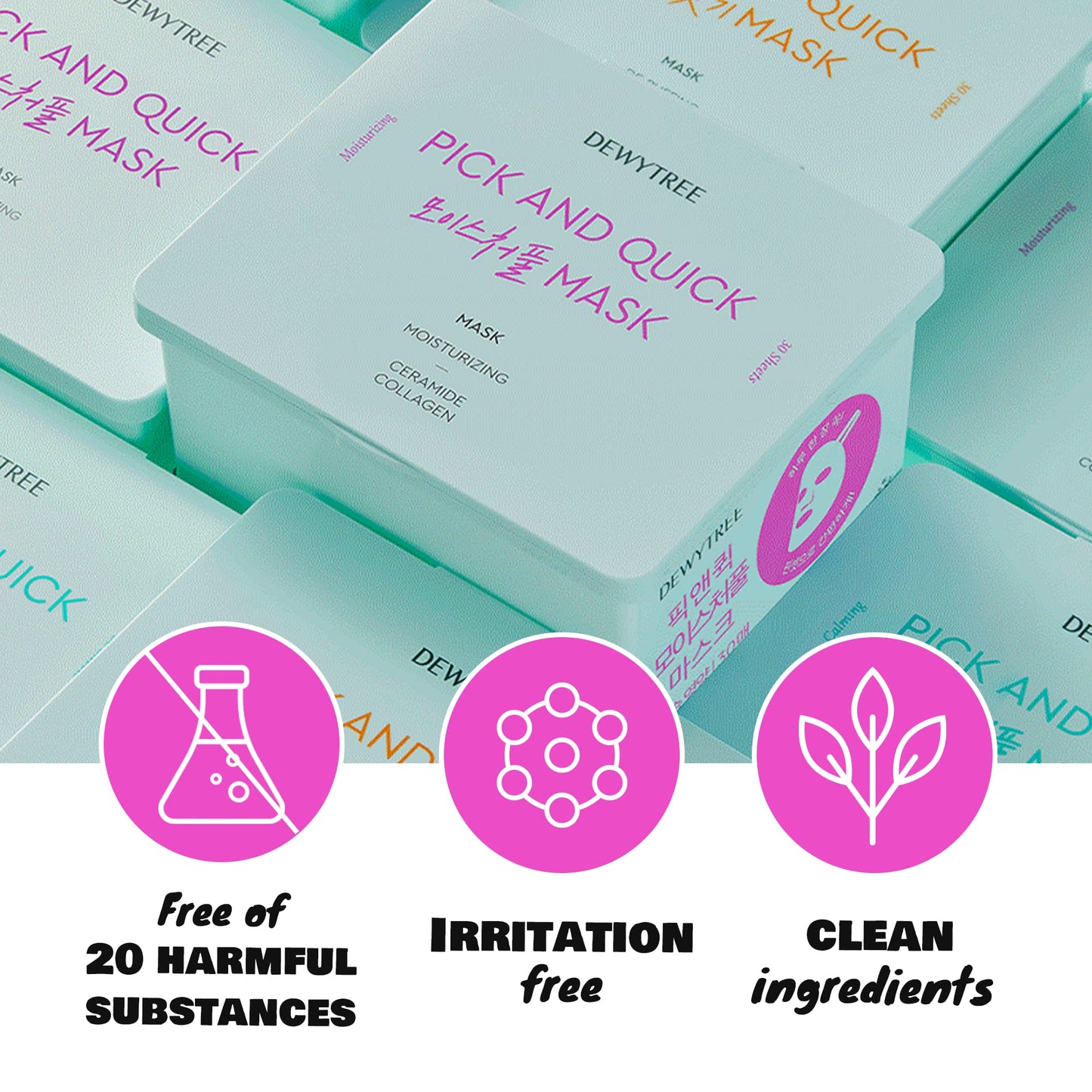 DEWYTREE Pick and Quick Moisture Full Mask 30 Sheets | Korean Collagen Face Mask Skincare Sheets | Hydrating Face Masks w/ Ceramide | Intensely Moisturizing Face Masks Beauty Sheet Set
