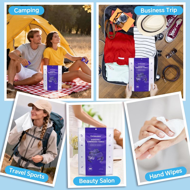 Cottonessence Premium Compressed Towels (100-Pack) - 10" x 12" Individually Wrapped Coin Tissues, Portable Towels for Travel, Hiking, Gym, Spa, Beauty Salon, Makeup, Baby Care, Outdoor Use