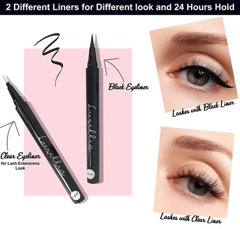 Luxillia 10 Piece Eyelash Magnetic Lashes with Eyeliner (Clear and Black) - Natural Looking False Magnetic Eyelashes Kit with Waterproof Liquid Liner Applicator, 8D, 3D Look, Reusable Fake Eye Lash