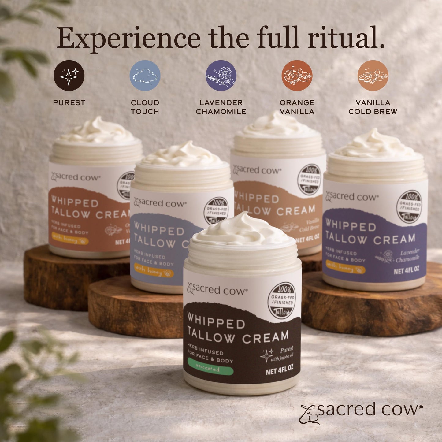 SACRED COW 100% Pure Organic Grass Fed Beef Tallow for Skin Care, Face Moisturizer, Body Butter, Hand Cream - Natural Whipped Tallow & Honey Balm Lotion Cream - Made in the USA - 4oz (UNSCENTED)