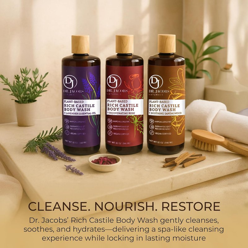 Dr. Jacobs Naturals Pure Castile Soap - Sandalwood Liquid Body Wash with Vitamin E & Aloe Vera | 16 oz for Dry Skin