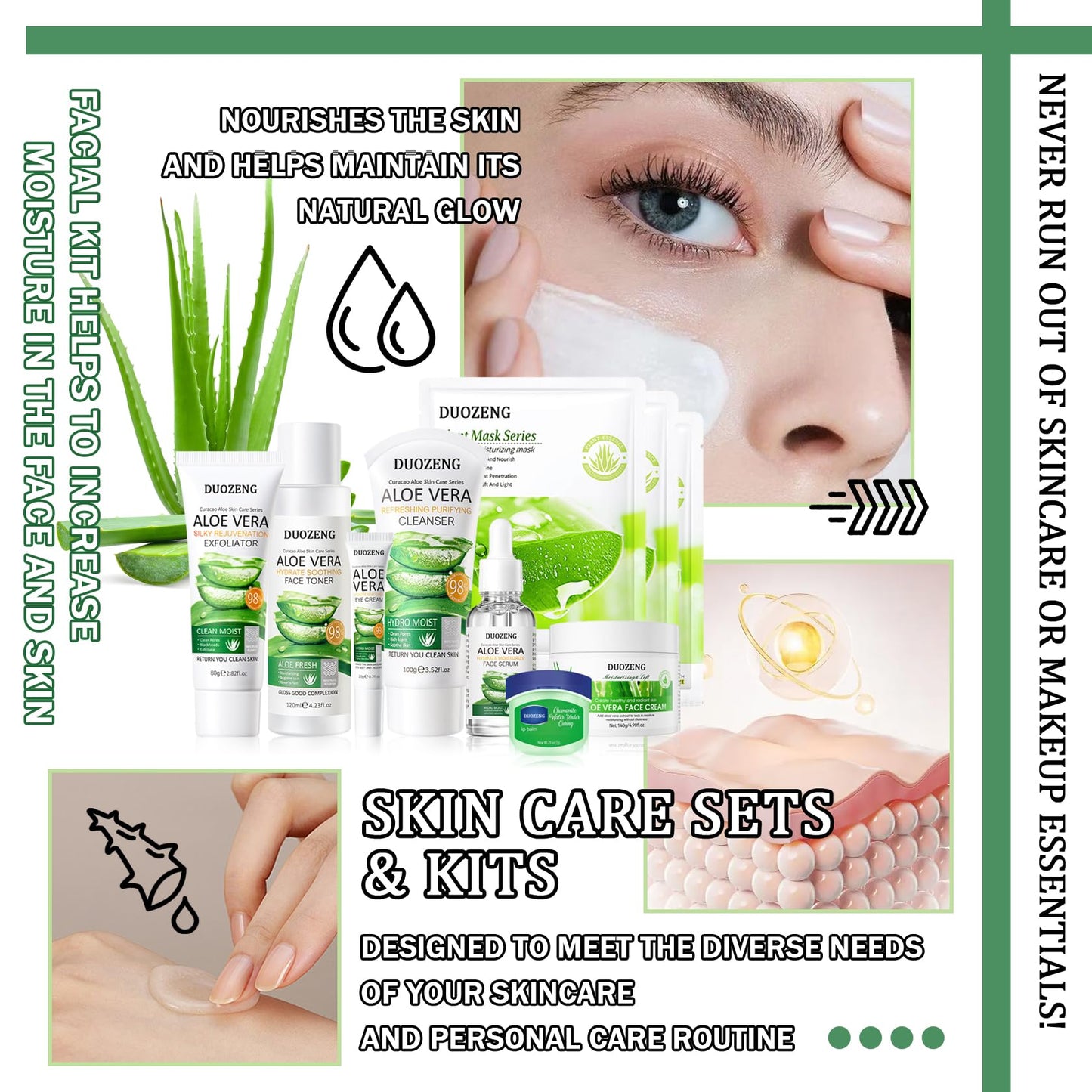 DuoZeng Skin Care Kit,Skincare Gift Set with Facial Cleanser,Toner,Serum,Eye Cream, Face Cream,Exfoliating Gel,Sleeping Lip Mask & 3 Pcs Aloe Vera Mask Kit for Women(10 Count)