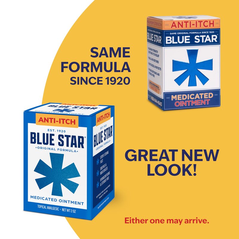 Blue Star Anti-Itch Medicated Ointment, Fast-Acting Relief for Dry, Itchy Skin, Rashes, Ringworm, Dry Cracked Heels & More, Hydrocortisone-Free & Steroid-Free, 2 OZ