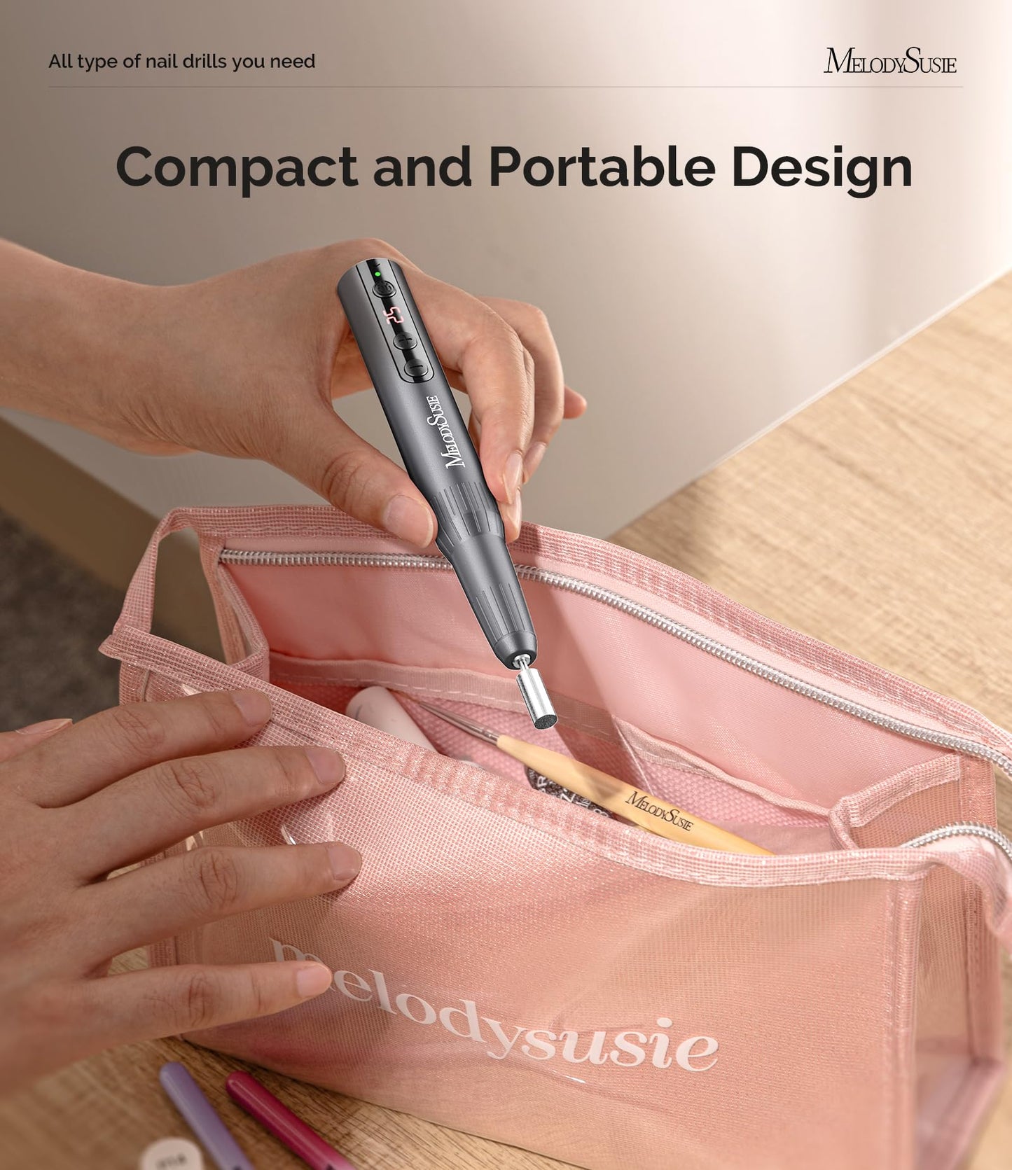 MelodySusie Rechargeable Cordless Electric Nail Drill,PC180E 25000RPM Portable Nail Efile for Acrylic Gel Dip Powder Nails, 25 Speeds with Nail Drill Bits Sanding Bands Gray