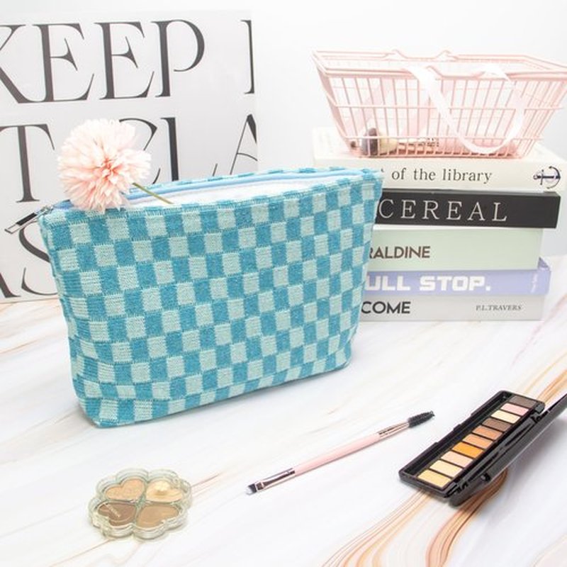 PAZIMIIK Knitted Checkered Makeup Bag Large Zipper Make Up Accessory Pouch for Purse Cosmetic Brush Bag for Travel Essential Lake Blue