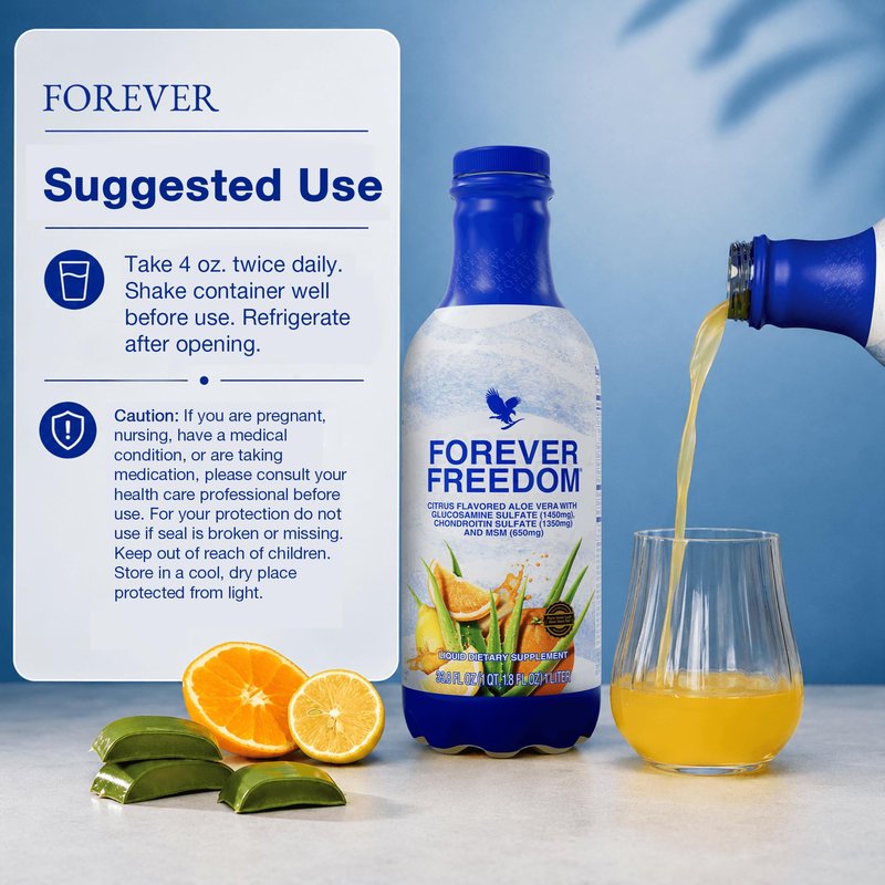 Forever Living - Forever Freedom - Aloe Vera Joint Support with Glucosamine and Chondroitin - Orange Flavor - 33.8 fl oz (Pack of 1)
