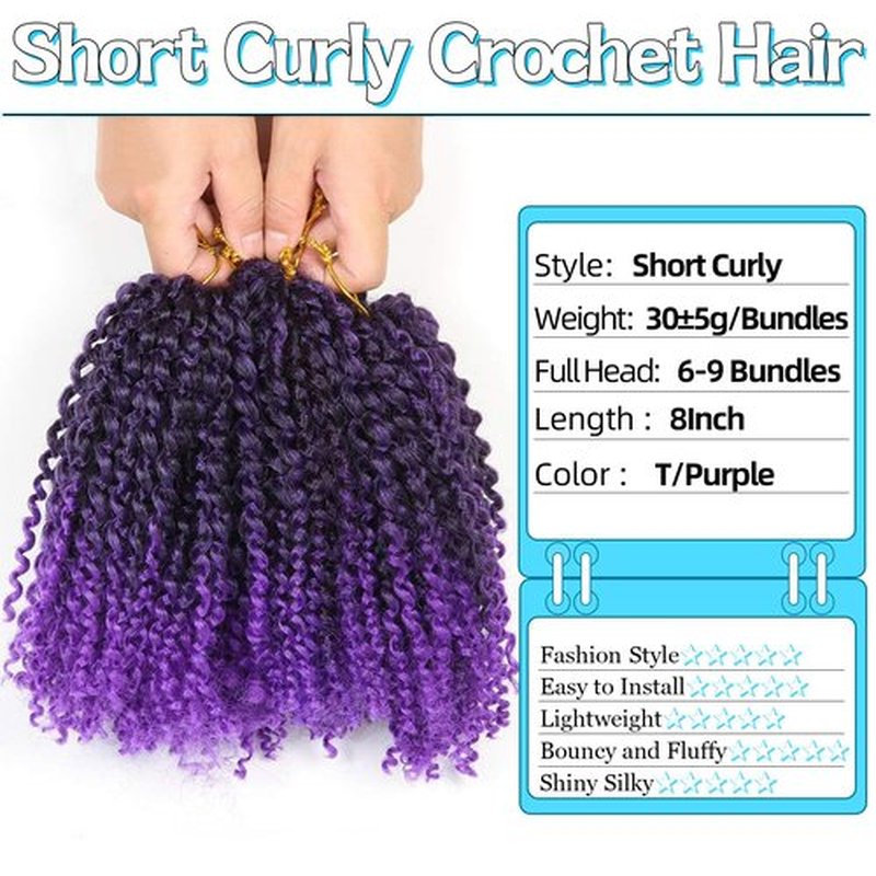 8 Inch Short Passion Twist Hair 6 Bundles Kinky Curly Crochet Hair for Black Women Curly Braiding Hair Crochet Braids Hair (6Bundles8 Inch,1B/Purple#)