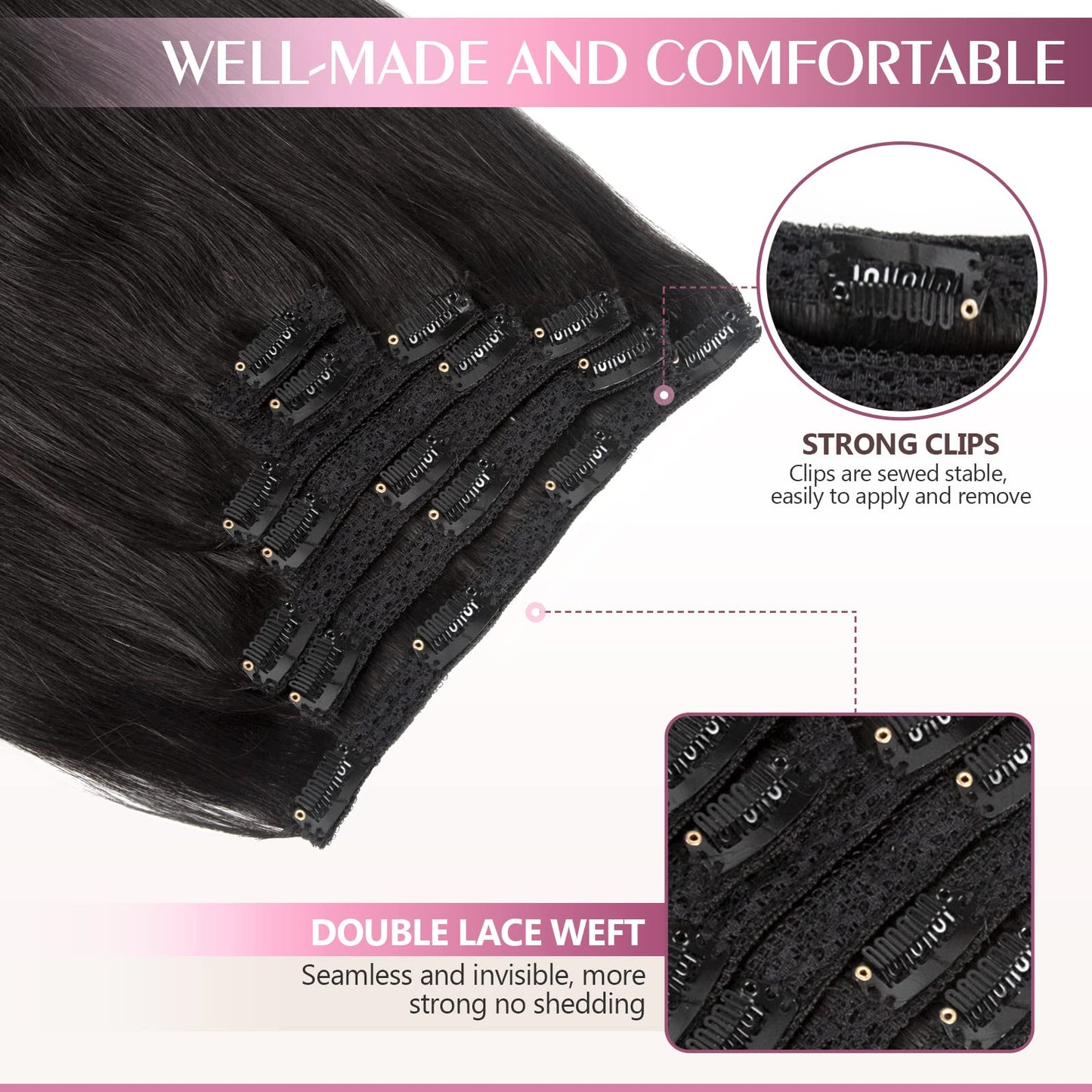 Fimislosion 16" Clip in Real Human Hair Extensions with Double Weft, 7pcs with 16clips,120 Gram(#1B Natural Black)