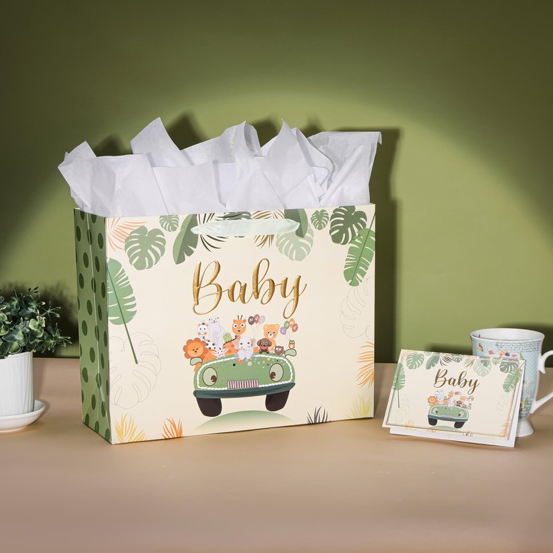 Bobobag 13" Sage green Gift Bag for Baby shower,Newborn gift bag with Tissue Paper and Greeting Card.