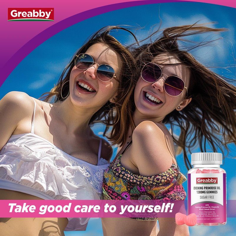 GREABBY Evening Primrose Oil Gummies 1300mg with Black Cohosh & Vitamin B6, Sugar-Free, PMS Relief Supplements for Women 20-45, Chewable PMS Gummies, Strawberry Flavor, Vegan, Pectin, 60 Count