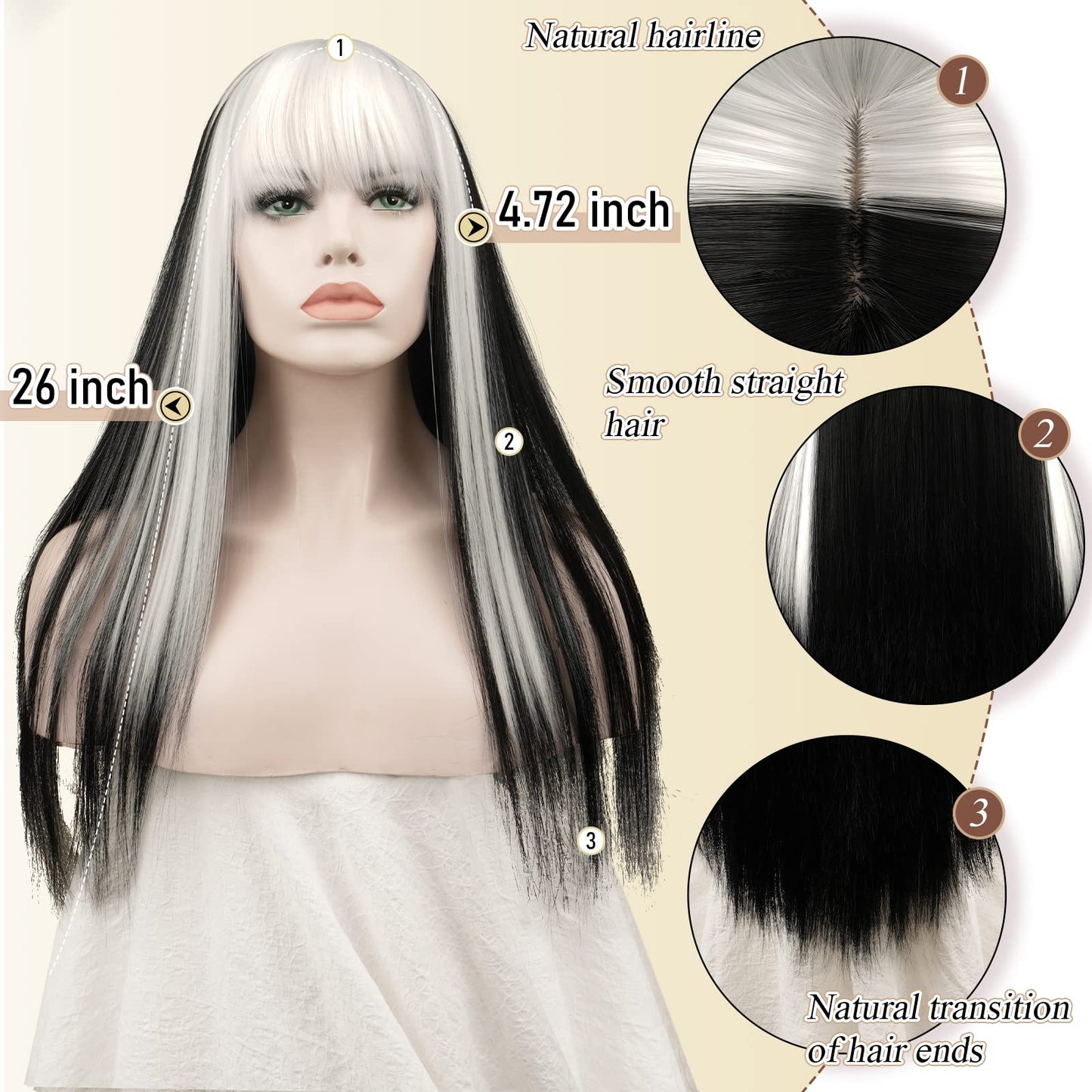 SOFEIYAN Long Straight Wig with Bangs Black with White Strips Synthetic Hair Replacement Wigs Heat Resistant Full Wig for Women Girls 26 inches