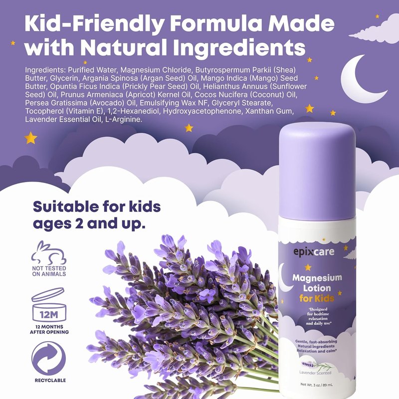 Magnesium Lotion for Kids - Calming Bedtime Cream with Lavender | Soothing Relief for Babies & Juniors