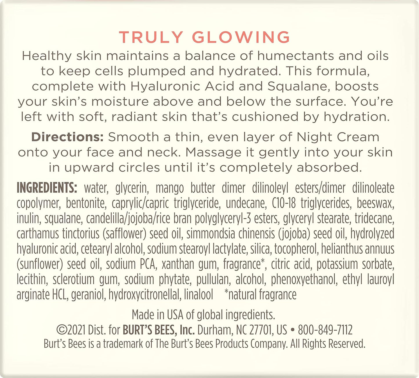 Burt's Bees Truly Glowing Night Cream Unisex 1.8 oz, White (I0115908)