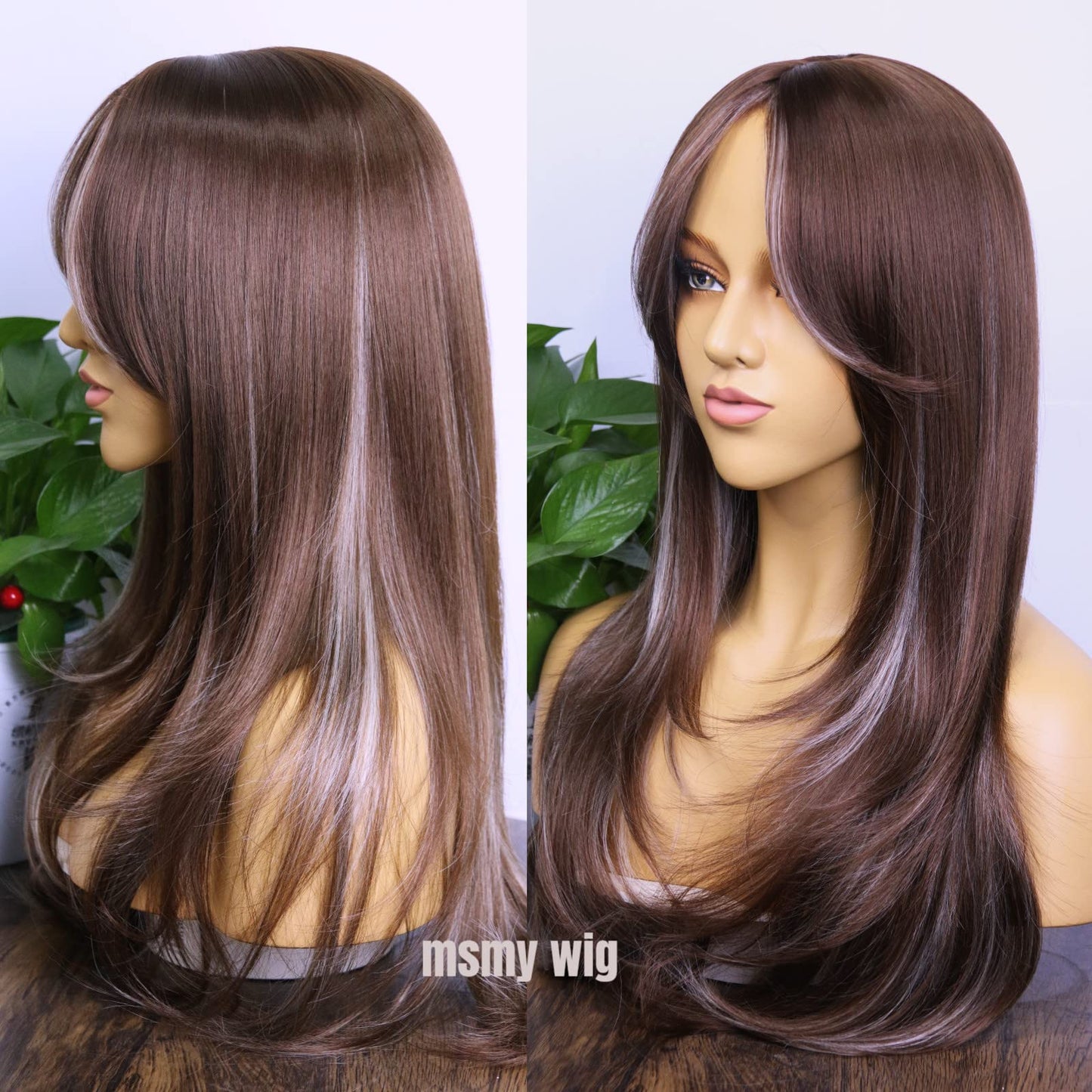 MSMYRNS Highlights Platinum Brown #4 Long Wavy Curly Heat Resistant Synthetic Wig Fringe Bangs Middle Part Pre Layered Natural Looking For Women Daily Use Long Bangs
