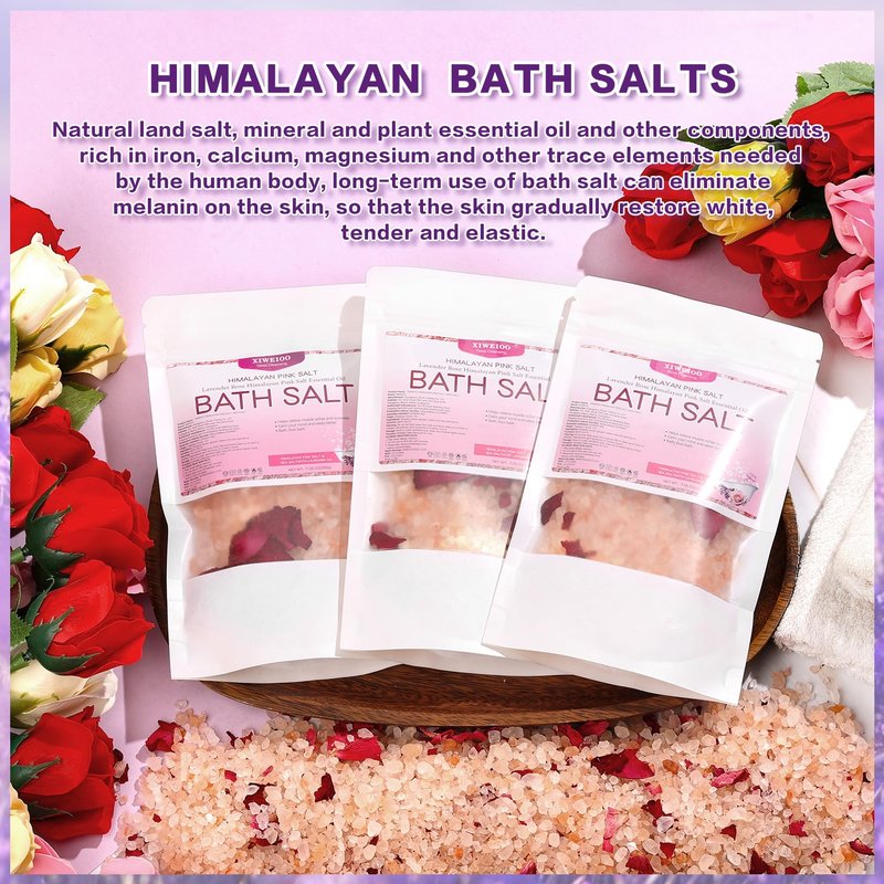 XIWEIOO Bath Salts KIT Pack of 3 Natural Epsom Salt Rose Essential Oils Relaxes and Better Sleep Himalayan Pink Salt Foot Soak Tea Tree Oil Himalayan Foot Bath Salts Set