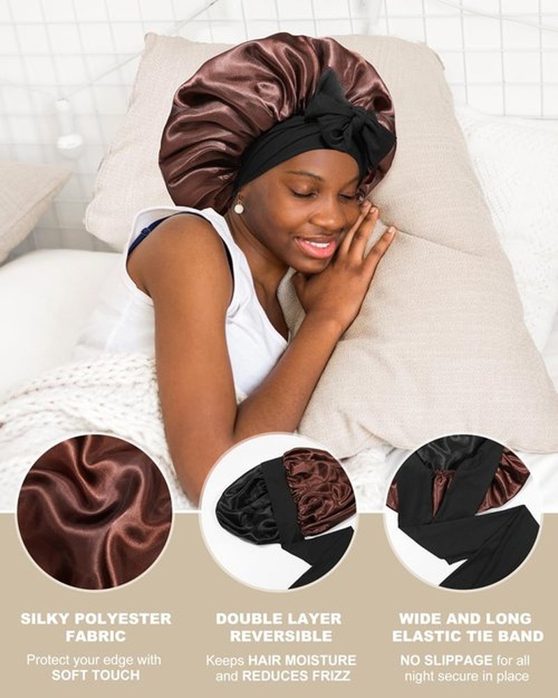 Satin Bonnet for Women Silk Bonnets for Sleeping Curly Hair Bonnet with Elastic Tie Band Reversible Double Layer Sleep Cap Hair Wrap (Black +Brown)
