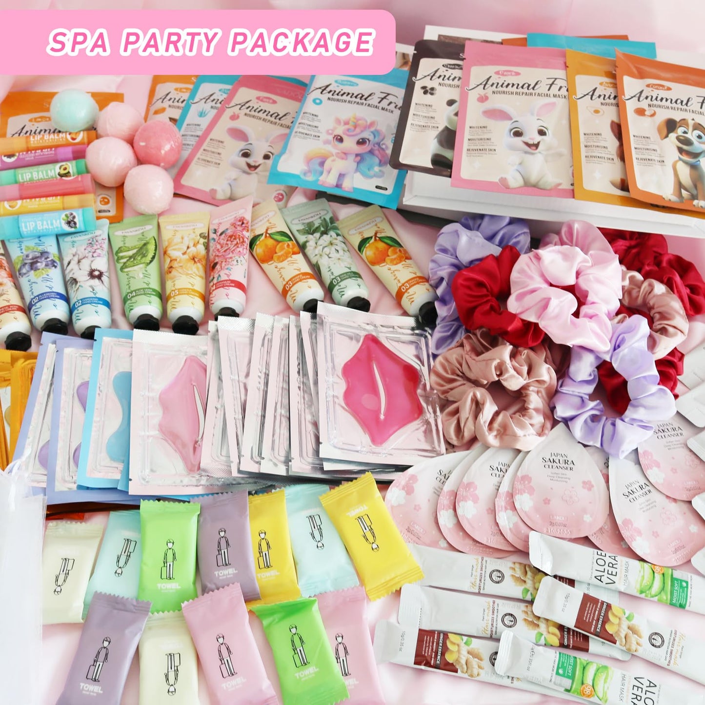 144 PCS Spa Party Supplies for Women, Include Face Masks, Hair Masks, Facial Cleanser, Hand Cream, Lip Balm, Under Eye Patches, Lip Mask, Compressed Towels, Foot Bath Bombs, Sleepover Spa Party Favors