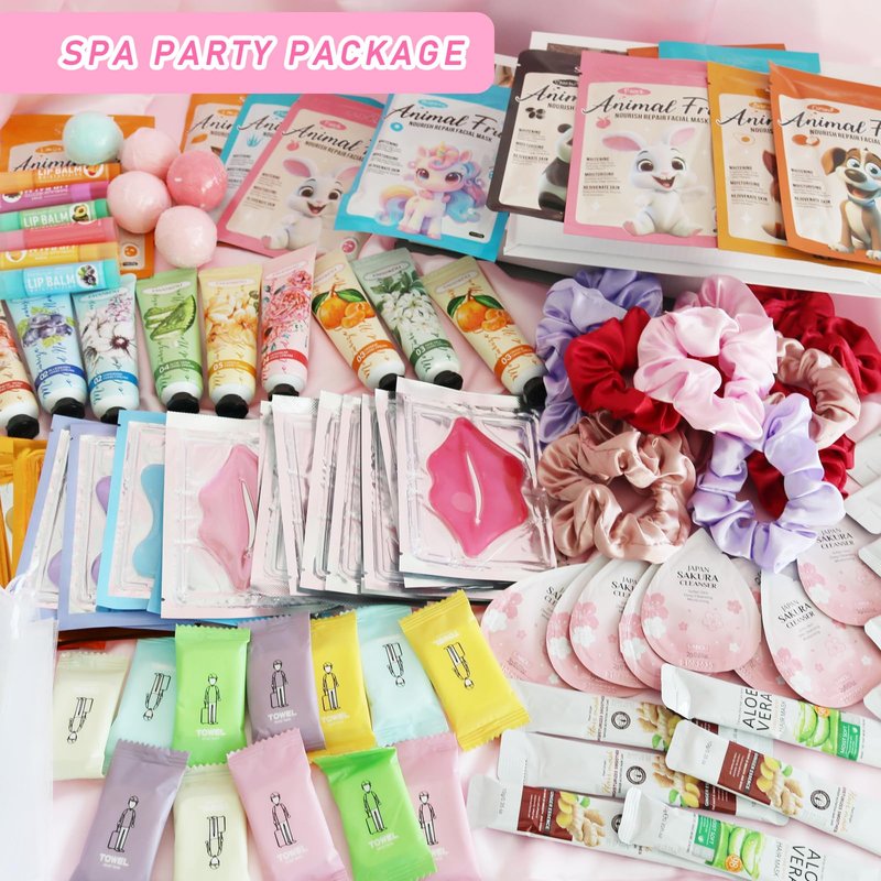 144 PCS Spa Party Supplies for Women, Include Face Masks, Hair Masks, Facial Cleanser, Hand Cream, Lip Balm, Under Eye Patches, Lip Mask, Compressed Towels, Foot Bath Bombs, Sleepover Spa Party Favors
