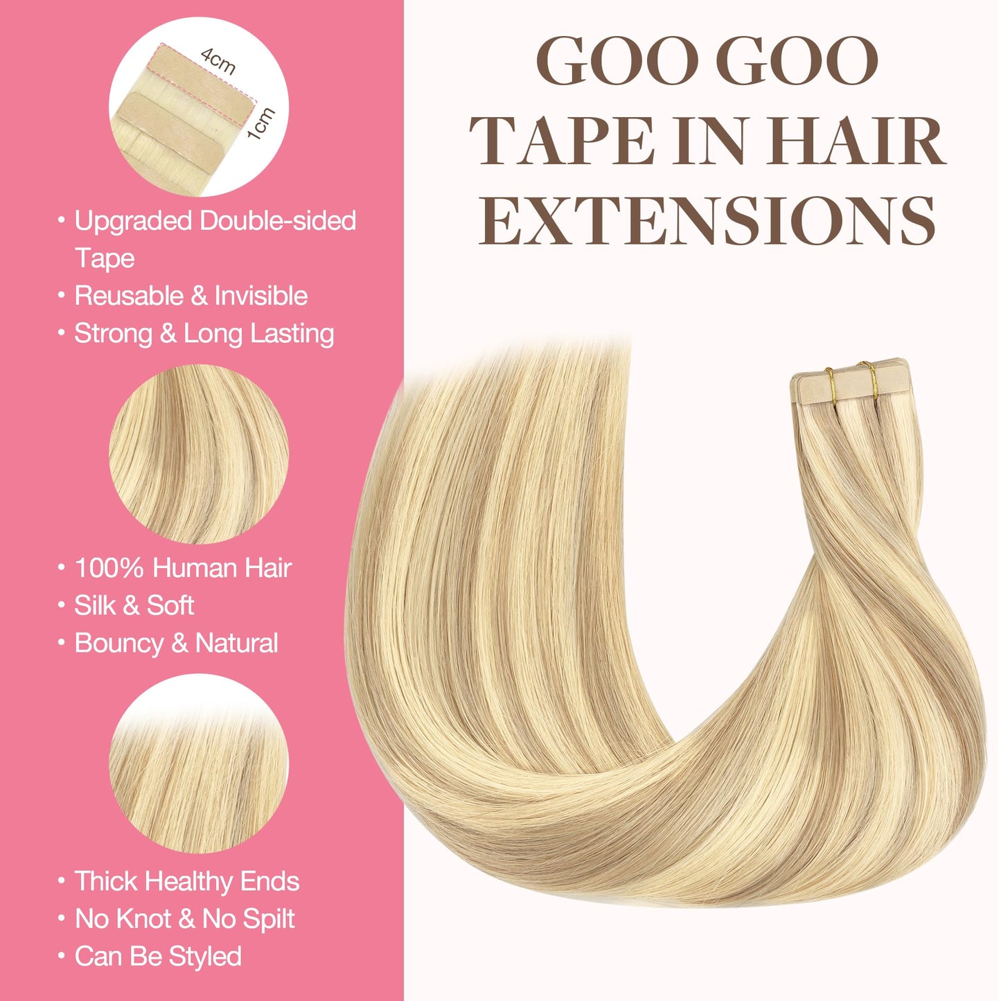 GOO GOO Tape in Hair Extensions Human Hair, 18D/22F Dirty Blonde Highlights, 10inch 50g 20pcs, Thick Ends Straight Seamless Tape in, Invisible Tape in Hair Extensions Human Hair
