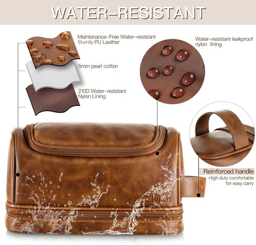 Elviros Toiletry Bag, Mens Leather Travel Organizer Kit with hanging hook, Large Water-resistant Toiletries Bathroom Shaving Bags for Women (Brown)