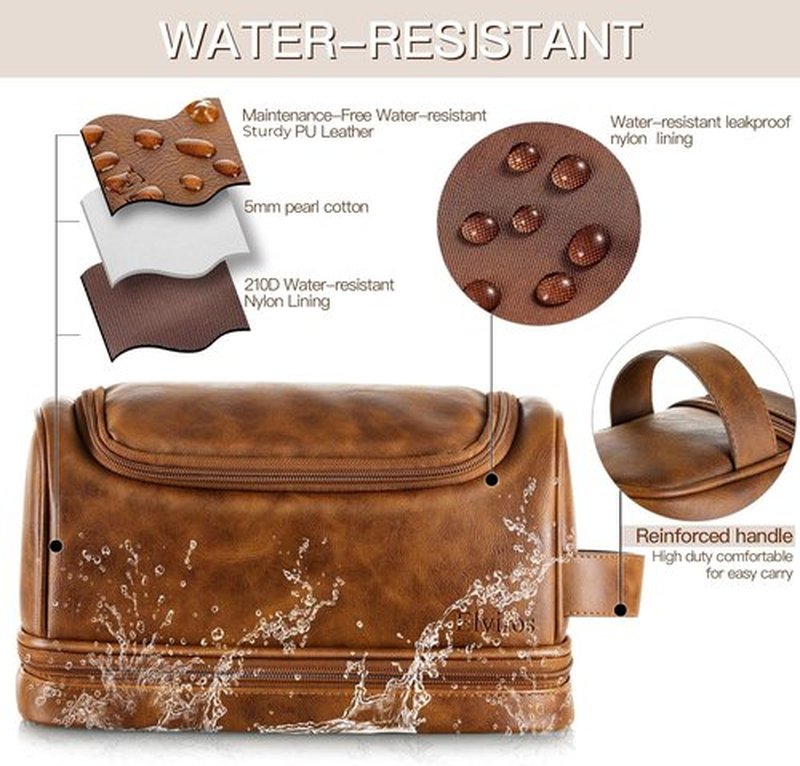 Elviros Toiletry Bag, Mens Leather Travel Organizer Kit with hanging hook, Large Water-resistant Toiletries Bathroom Shaving Bags for Women (Brown)