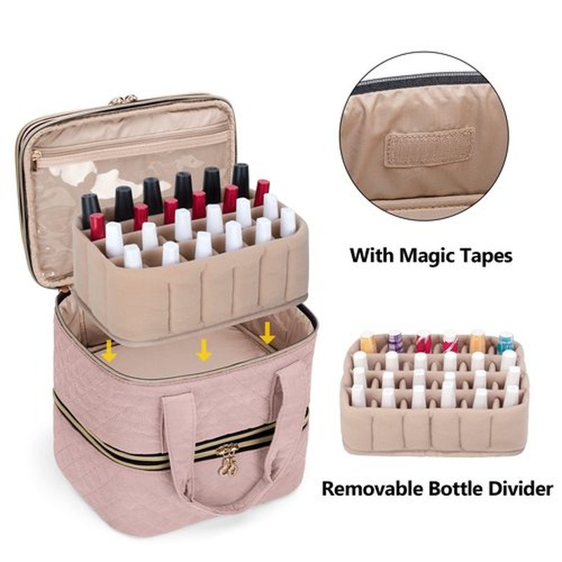 Yarwo 3 Layers Nail Polish Organizer Holds 48 Bottles (15ml/0.5 fl.oz), Detachable Nail Polish Case with Adjustable Dividers, Travel Case for Manicure Set, Dusty Rose (Bag Only, Patent Pending)