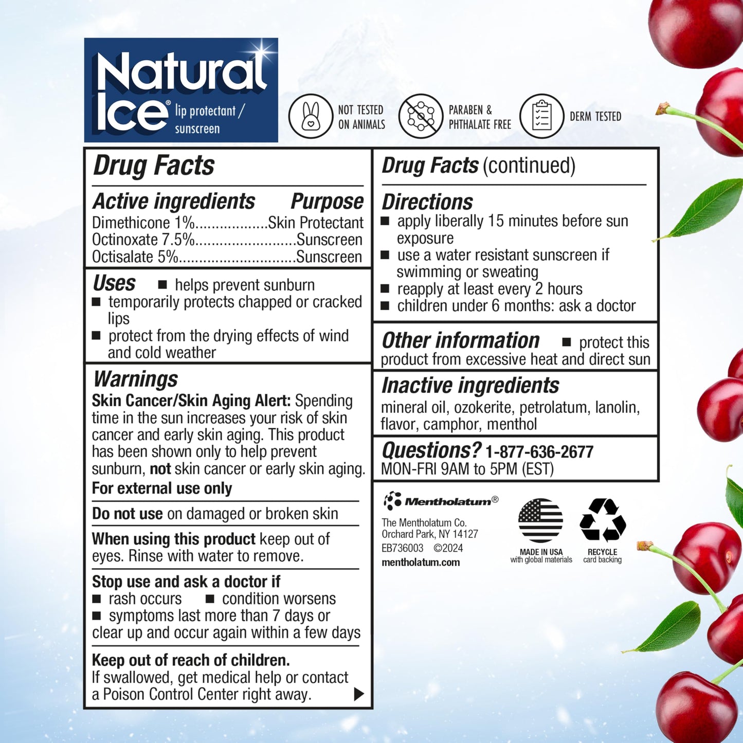 Natural Ice Cherry - SPF 15 lip balm, Cherry Flavor, 0.15 Ounce (Pack of 12)