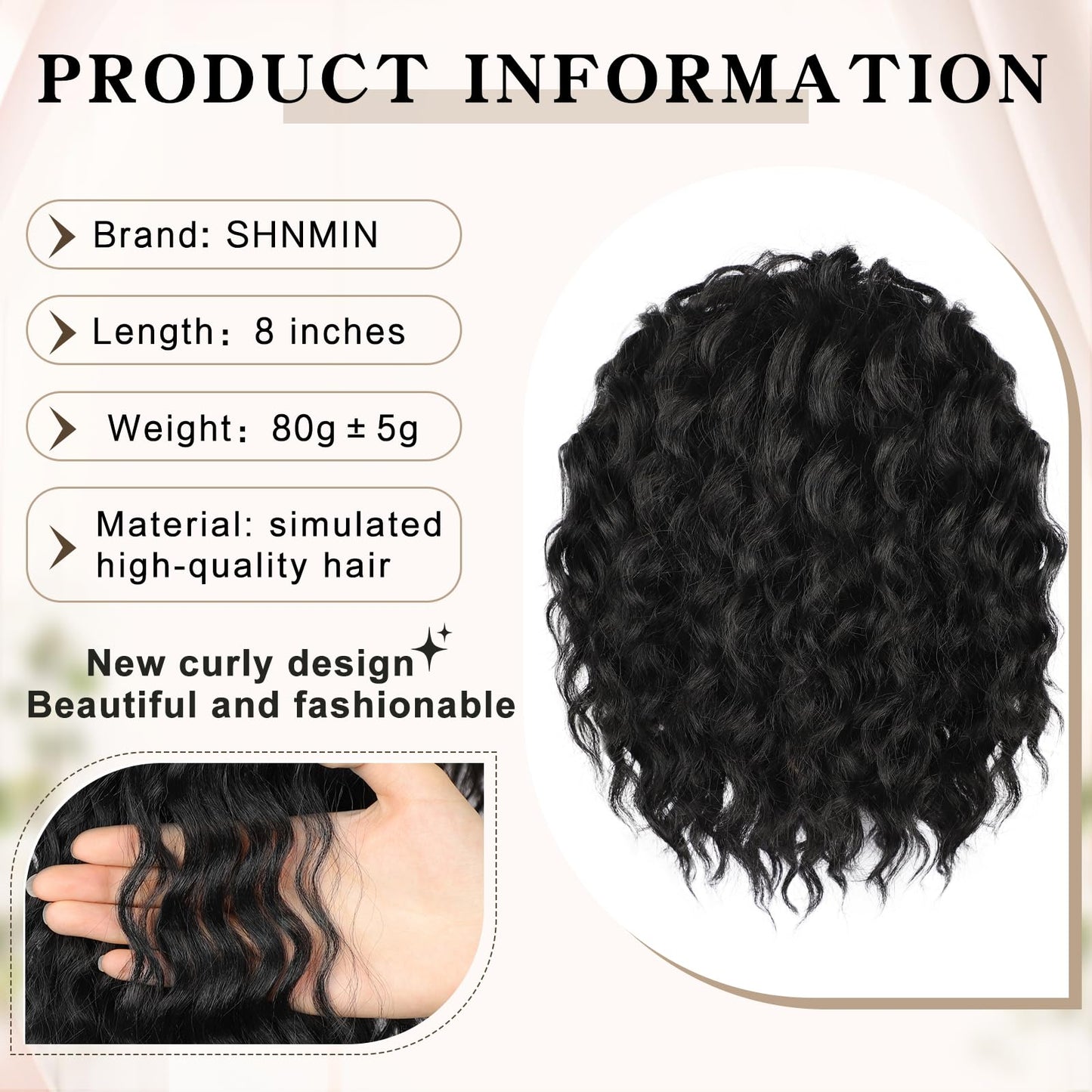 SHNMIN Ponytail Extension, Curly Drawstring Ponytail Extension for Women 8 Inch Curly Wavy Ponytail Yaki Textured Natural Fluffy Synthetic Hairpiece for Daily Use