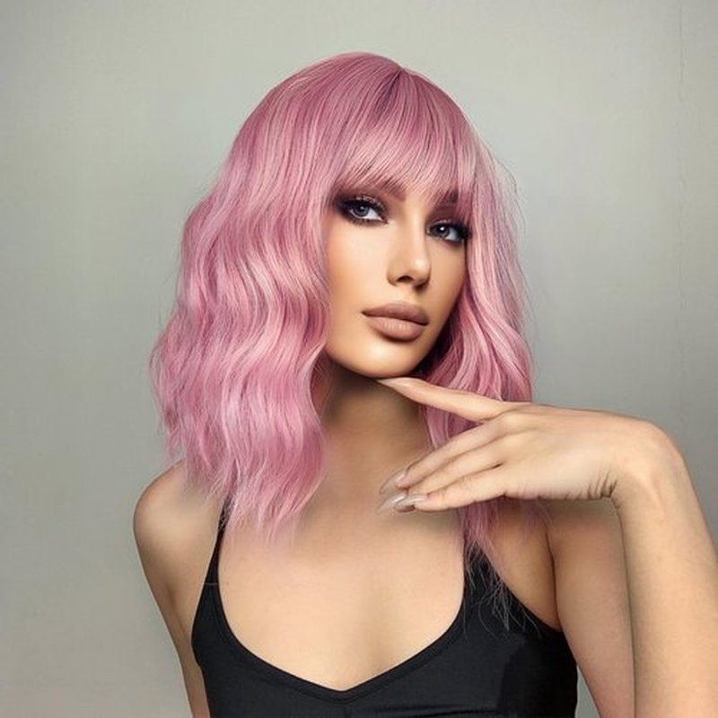 MAGQOO Pink Wig for Women Pink Bob Wig Pastel Short Curly Wavy Wig with Bangs Synthetic Heat Resistant (Pink)