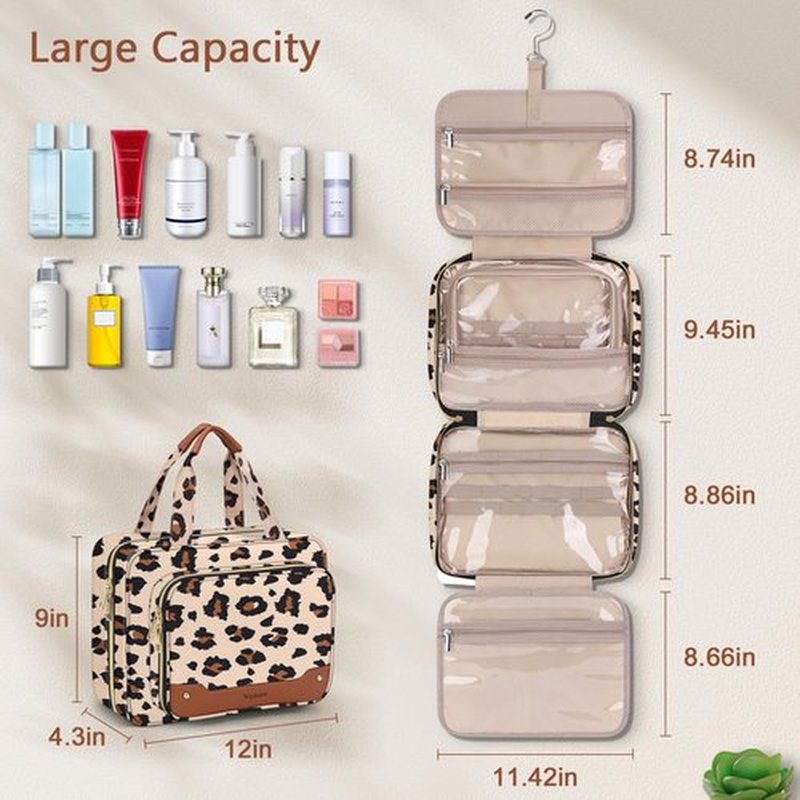 Wedama Toiletry Bag for Women, Hanging Travel Toiletry Bag with Jewelry Organizer Compartment Large Makeup Bag, PVC Waterproof Cosmetic Travel Bag Trips Camping Bathroom, Leopard Print