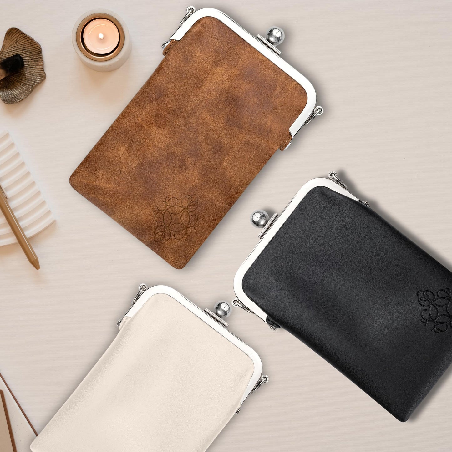 BORSALI Double Eyeglass Case for Women- Small Vegan Leather Crossbody Phone Bag - Soft Versatile Sunglass & Cell Phone Purse in one -Crossbody Chain Incl. (Cream)