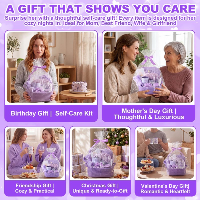 Afarnook 13 Pcs Birthday and Get Well Soon Gifts for Women Self Care Gifts Basket Spa Care Package with Robe Scented Candle for Her Mom Nurse Mother's Day(Purple)