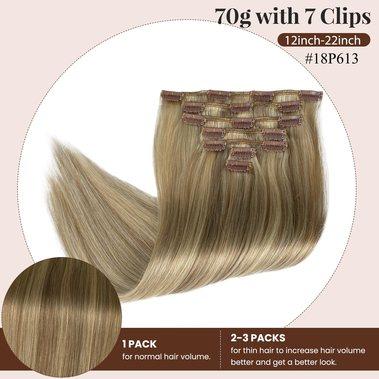 Clip in Hair Extensions Real Human Hair 14inch Ash Brown Mixed Bleach Blonde Hair Extensions Real Human Hair Clip ins 70 gram Double Weft Straight Clip in Hair Extensions
