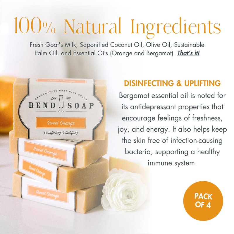 Bend Soap Company All Natural Handmade Goat Milk Soap for Dry Skin Relief, Sweet Orange, 4.5 oz Bars, 4 Pack