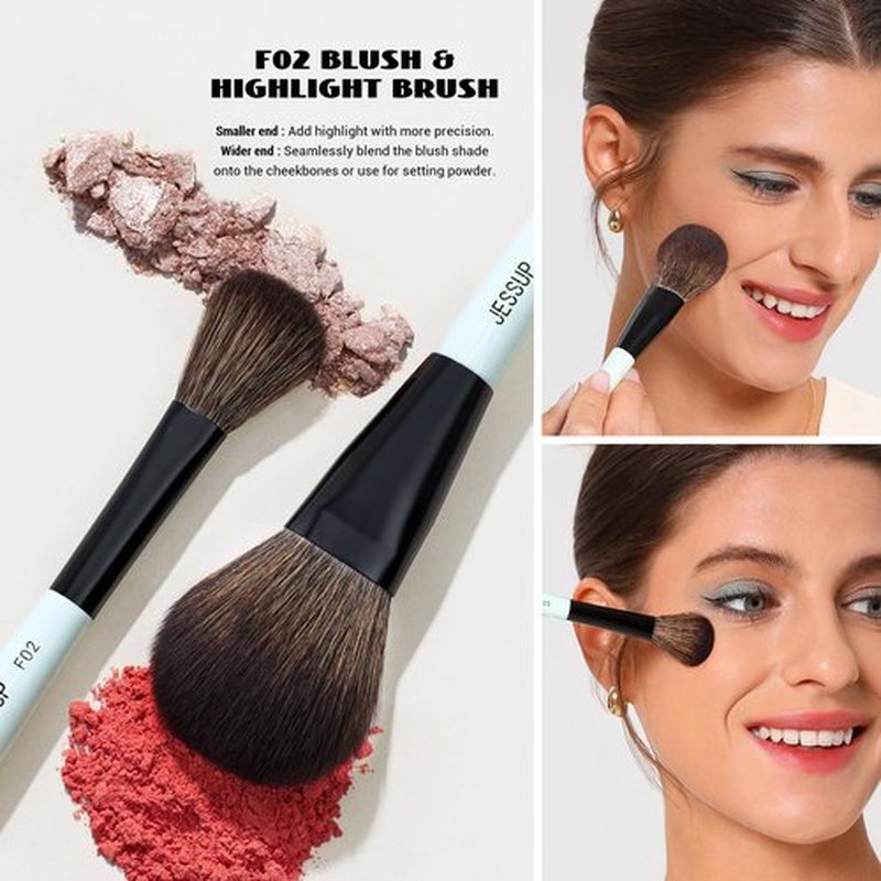 Jessup Face Makeup Brushes Blue 3pcs Double Ended Makeup Brush for Foundation Contour Blush Highlight and Concealer Brush, Premium Synthetic Brush Set T503