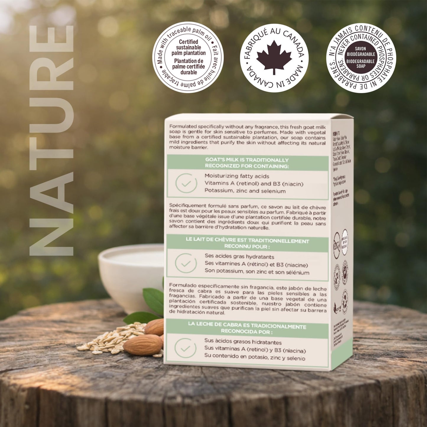 Nature Goat Milk Bar Soap, FRAGRANCE FREE (12-Pack), 5 oz (141 g), With Fresh Goat Milk, Vitamin A, B3, Potassium, Zinc & Selenium, Moisturizing Body Soap