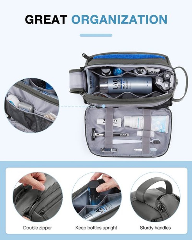 BAGSMART Toiletry Bag for Men, Large Travel Toiletry Organizer, Dopp Kit Water-resistant Shaving Bag for Toiletries Accessories - Grey
